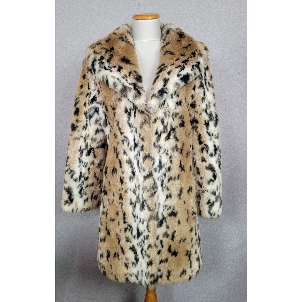 Pamela McCoy Tiger Mills Faux Fur Coat Womens XS Animal Print Leopard Mid Length